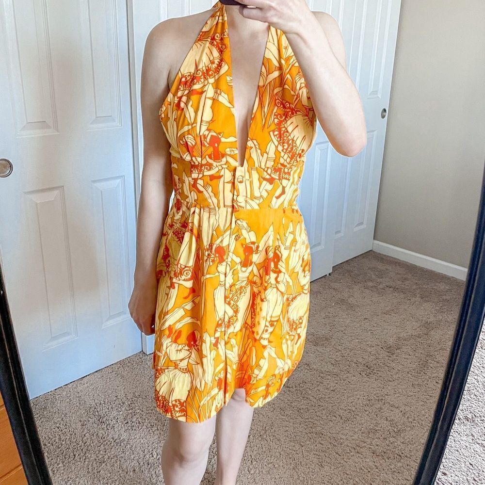 SALE!Vintage Ruth Clarage Jamaican Hand Printed Halter Mini Dress Orange